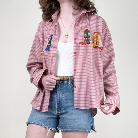 Vintage Embroidered Cowboy Boot Shirt Coastal Cowgirl Western Rodeo Top Blouse - Picture 12 of 13